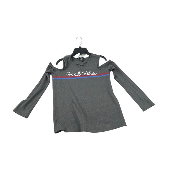 Love Alexa NWT Girls Good Vibes Cold Shoulder Top Gray Long Sleeve L Stretch - Picture 6 of 7